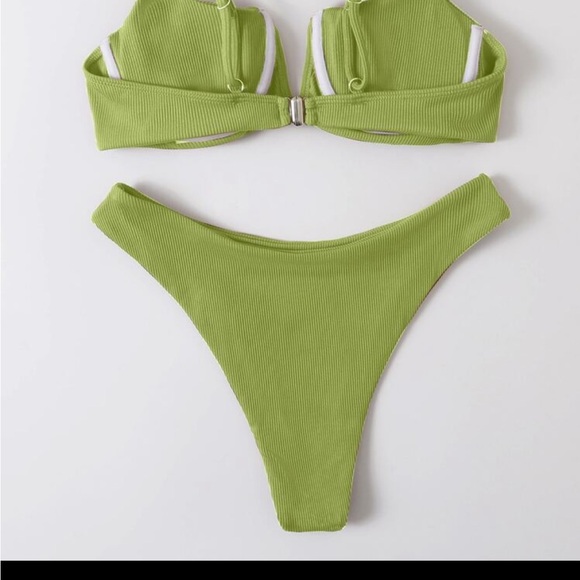 Lime Green Swim Summer Beach Ribbed Bikini Set V Wired Underwire Cami Bra - Picture 2 of 4